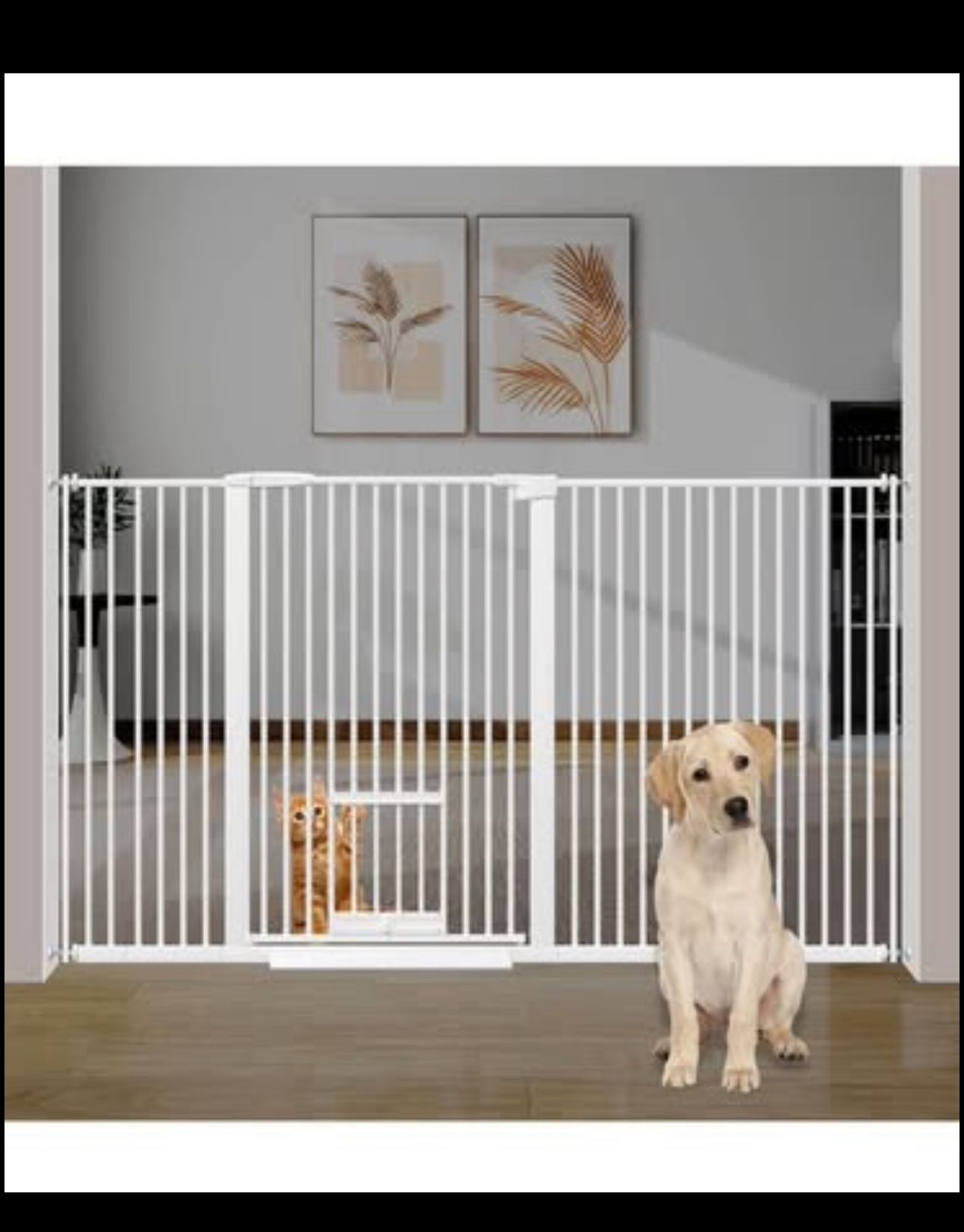 Ultra Narrow Spacing 57.68-73.43" Extra Wide Dogs Pets Baby Gate with Cat Door for Doorway Safety Proof Indoor Puppy Pressure Mounted No Drill White B