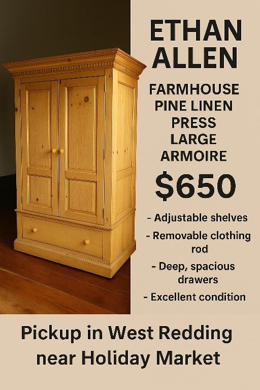 Ethan Allen Solid Pine Farmhouse Armoire / Linen Press – Removable Shelves & Clothing Rod