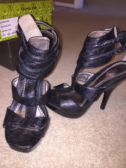 Pair of black leather open-toe ankle strap heels size 6 fits a 6.5 too