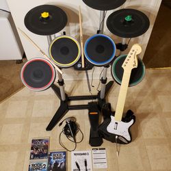 RARE Rock Band 3 PS4/PS3/PS5 Bundle Pro Drums Guitar Game Cymbals COMPLETE+Games..