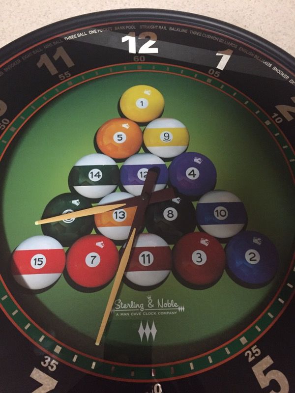 Sterling & Noble Man Cave Billiards Quartz Wall Clock Large 18" Diameter. Works great, looks great, fresh battery, and hangs via nail.