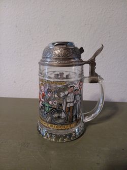 Vtg Radlerseidel Glass Beer Stein w/Bicycle Bell