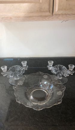 Clear bowl and matching double candle holders set