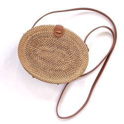 NWOT New Handwoven Natural Rattan Oval Basket Bag with Faux Leather Strap