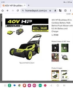 RYOBI 40hp Brushless Battery Lawn Mower