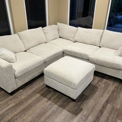 New Corduroy Sectional.  Beige, Green, Grey.  99” X 99”.  Free Delivery!