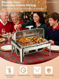 C227 $75  9.5QT Roll Top Chafing Dishes for Buffet, Stainless Steel Food Warmer Interchangeable 1 Full‑Size Pan, 2 Half‑Size Pans, Water Pan, Chafing 