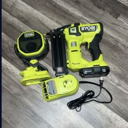 RYOBI 18V HP BRUSHLESS 18GA BRAD NAILER AND BLUETOOTH SPEAKER 