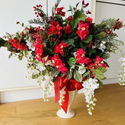 Floral Arrangement w/Artificial Flowers, 30” HighX30” WideX24” Deep Set in White Ceramic 12” High Vase w/red satin Bow.