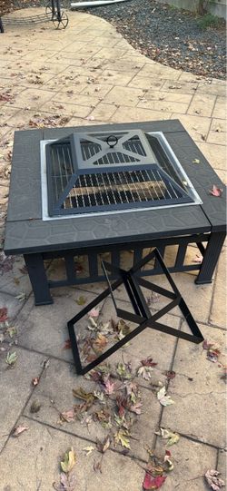 Small Fire Pit + Grill Bundle — Stand, Cover, Firewood & Color Flame Crystals.
