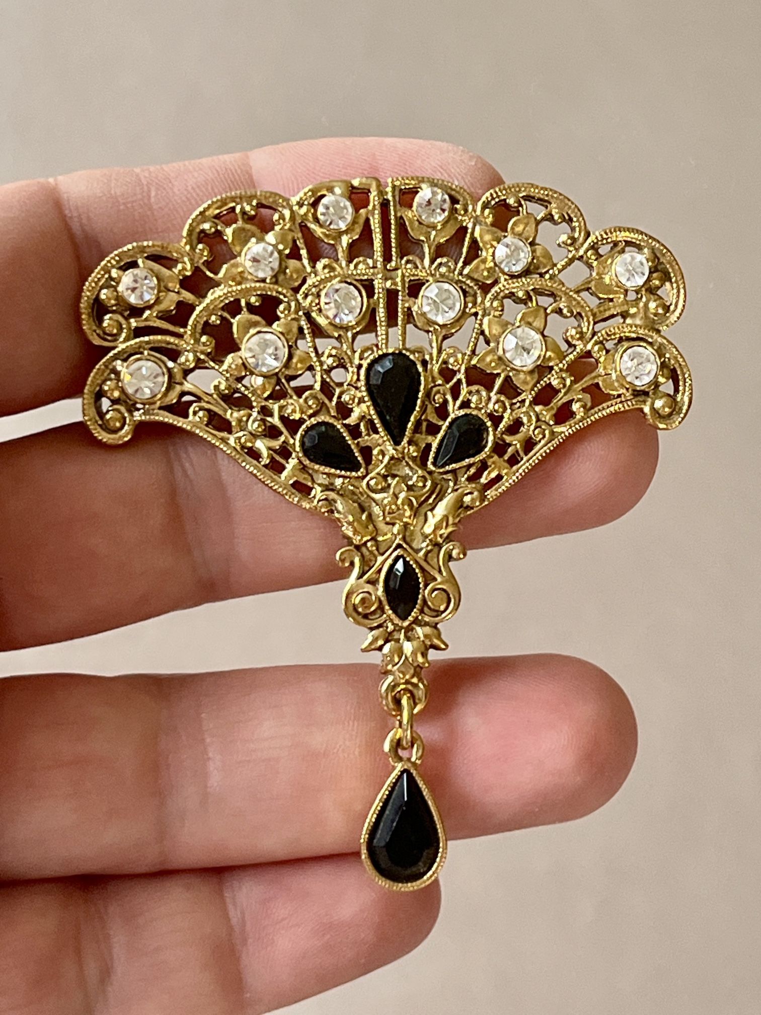 TWO 1928 Brand Brooch Pins Black & Clear Faceted Cabochons 