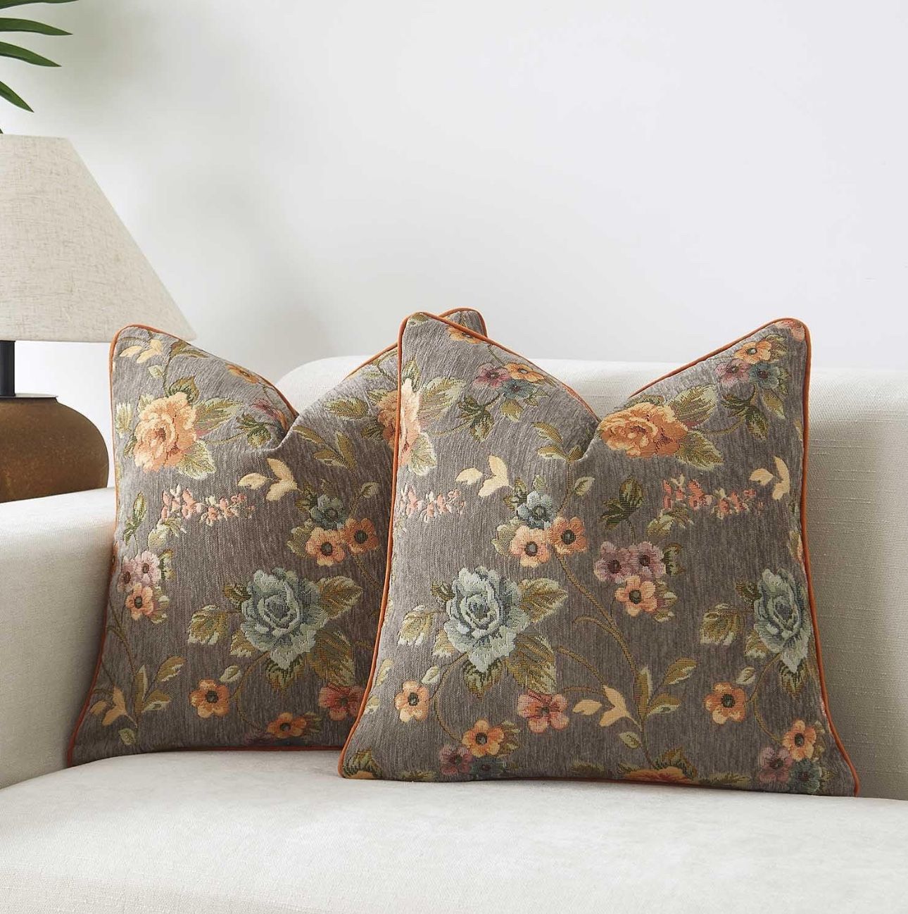 JUSPURBET Decorative Pillow Covers 18x18 Inch Chenille Vintage Floral Throw Cushion Covers with Contrast Piping Soft Durable for Couch Sofa Living Roo