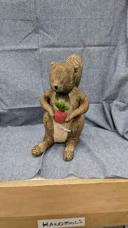 John Derian Decorative Brown Squirrel Figurine Holding Beaded Radish 11"
