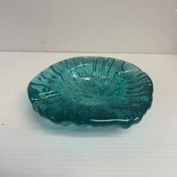 Vintage glass ashtray sea green turquoise heavy blown glass footed - A1023