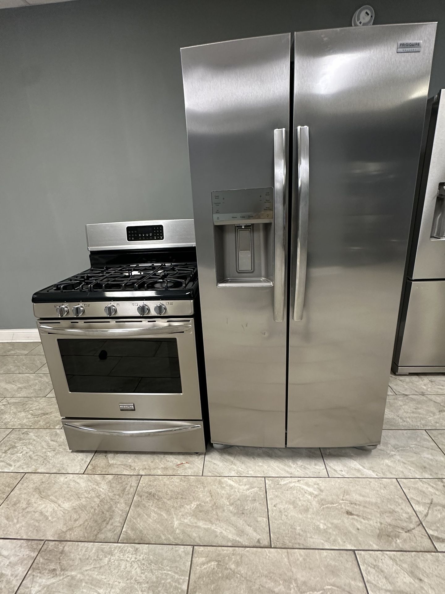 Frigidaire side by side refrigerator &. Frigidaire 5 burner gas range set stainless steel