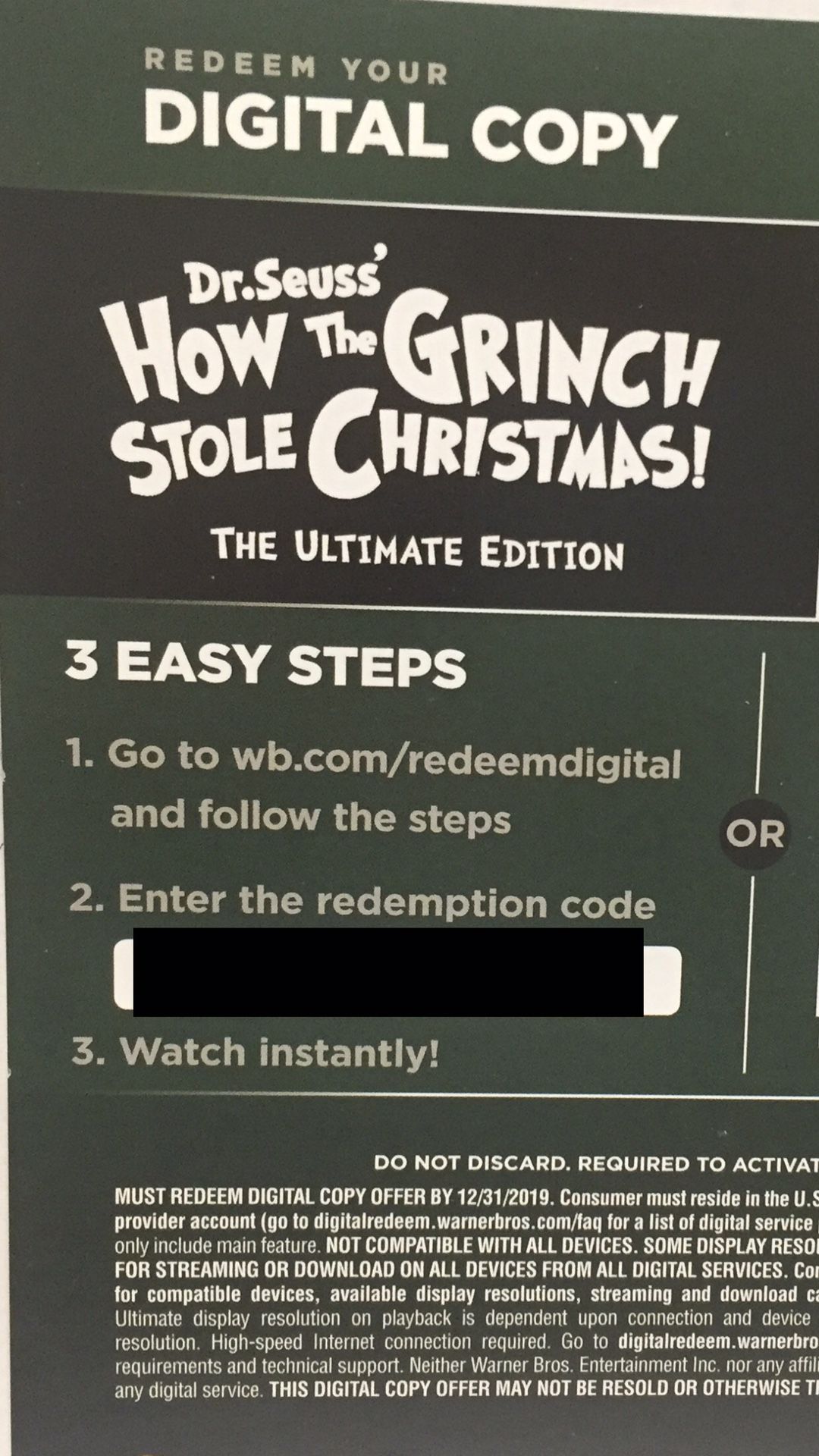 Classic How the Grinch Stole Christmas Digital Movie Redemption Code