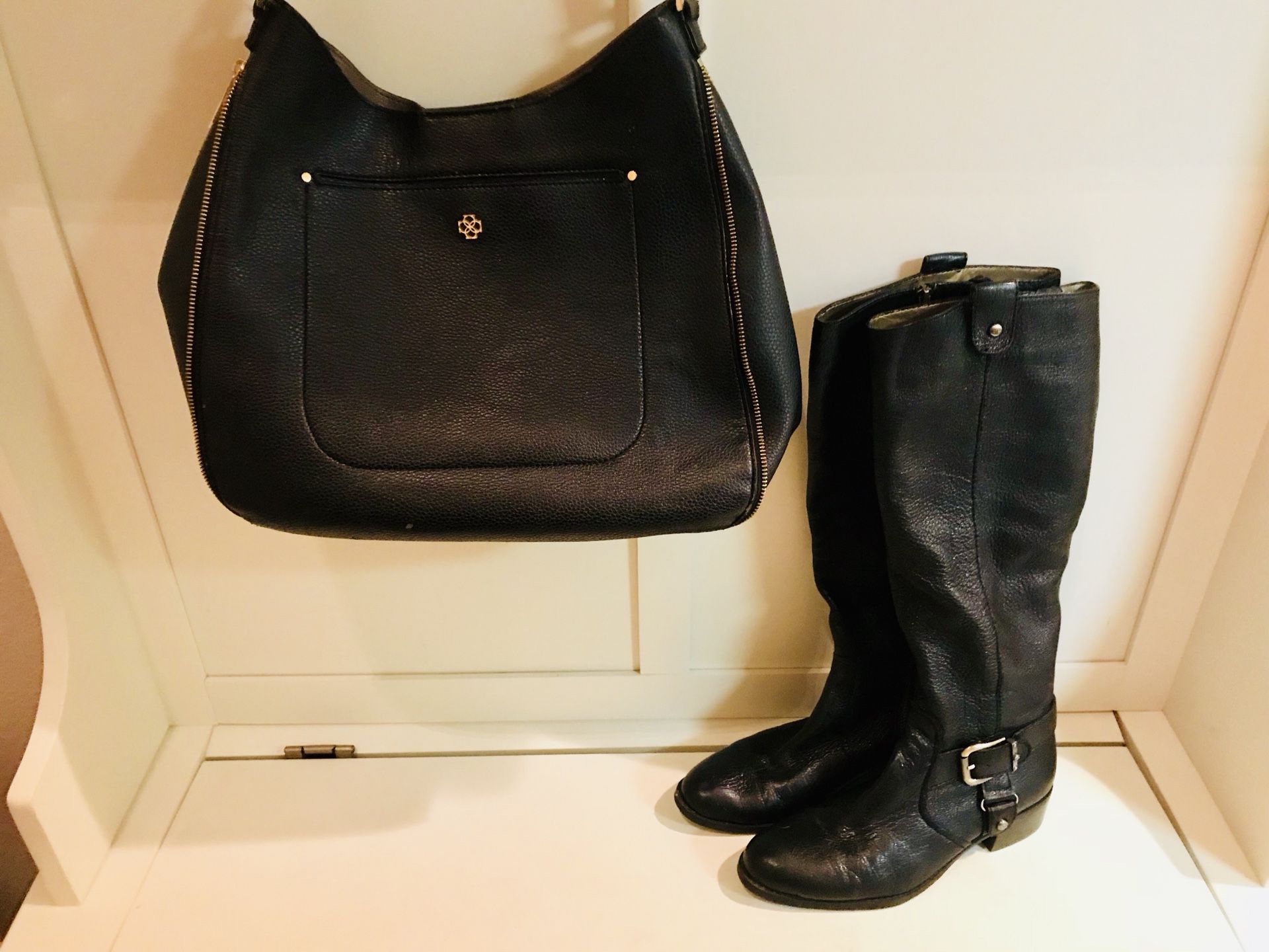 Navy Genuine Leather Boots Size 8 Joan and David with matching Navy Purse (Ann Taylor)