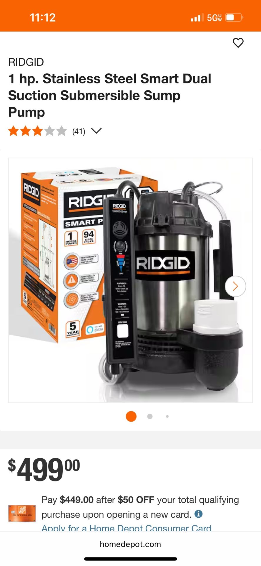 11:12 ••ll 5Gw RIDGID 1 hp. Stainless Steel Smart Dual Suction Submersible Sump Pump