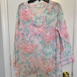 Lilly Pulitzer Amelia Island Tunic Resort White Pink CRAB Blue Top Size M
