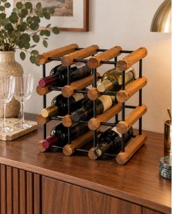 MCM Oak & Metal 12 Bottle Wine Rack
