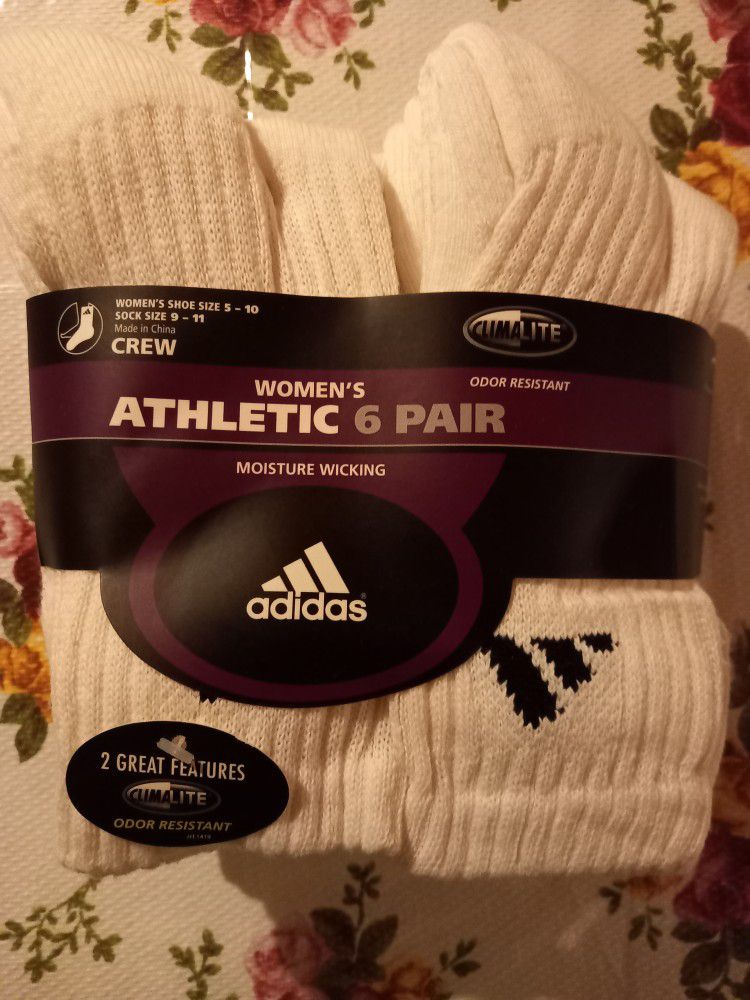 Women's Adidas Athletic Crew Socks. Odor Resistant, Moisture Wicking. 6 Pairs For $15