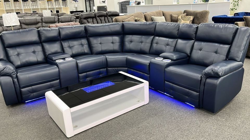 Brand New Beautiful Black 3-Piece Leather Gel Power Sectional with LED Lights