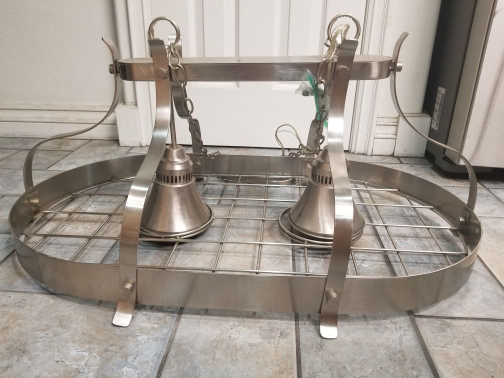 2 Light Kitchen Hanging Pot Rack Brushed Nickel Pot & Pan Rack Chandelier
