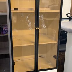 Modern Lighted Glass Display Cabinet with Two Drawers, Dining China Hutch with 3 Tiers Storage Shelves, Wooden Curio Display Showcase for Living Room 