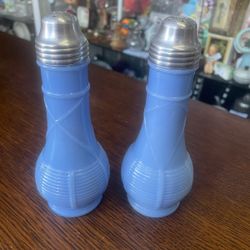 Antique Pair Of Blue Delphite Salt And Pepper Shakers Set 