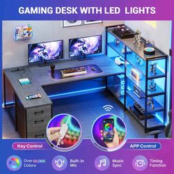 SEDETA® 64.5 Inch Reversible L Shaped Gaming Desk w/ Power Outlet LED Light & Storage Shelves Gray