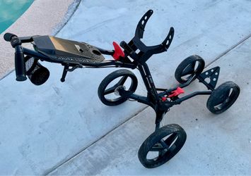 Mint Sun Mountain Micro Cart MC3 Golf 4 Wheel Push Cart Disc Brake Umbrella holder solid tires, VGC