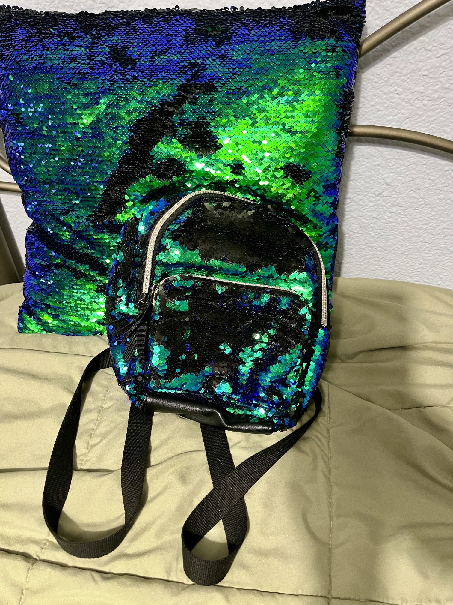 Blue And Green Sequin Pillow And Mini Backpack