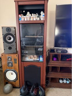FOR SALE: Cherry Wood Curio Display Cabinet with Glass Door and TV stand