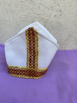 Bishop Mitre Hat White Gold Red Trim