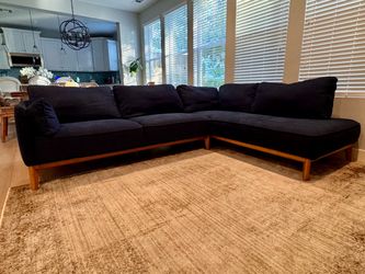 Navy Blue L-Shaped Sectional Sofa with Wood Base