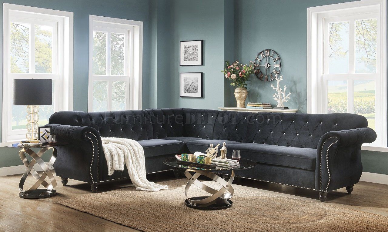 Black Tufted Velvet Sectional @Elegant Furniture