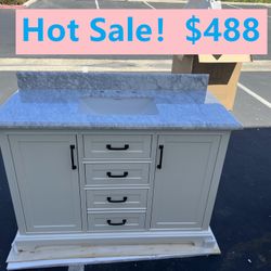 48”white single sink bathroom vanity with carrara white marble stone top