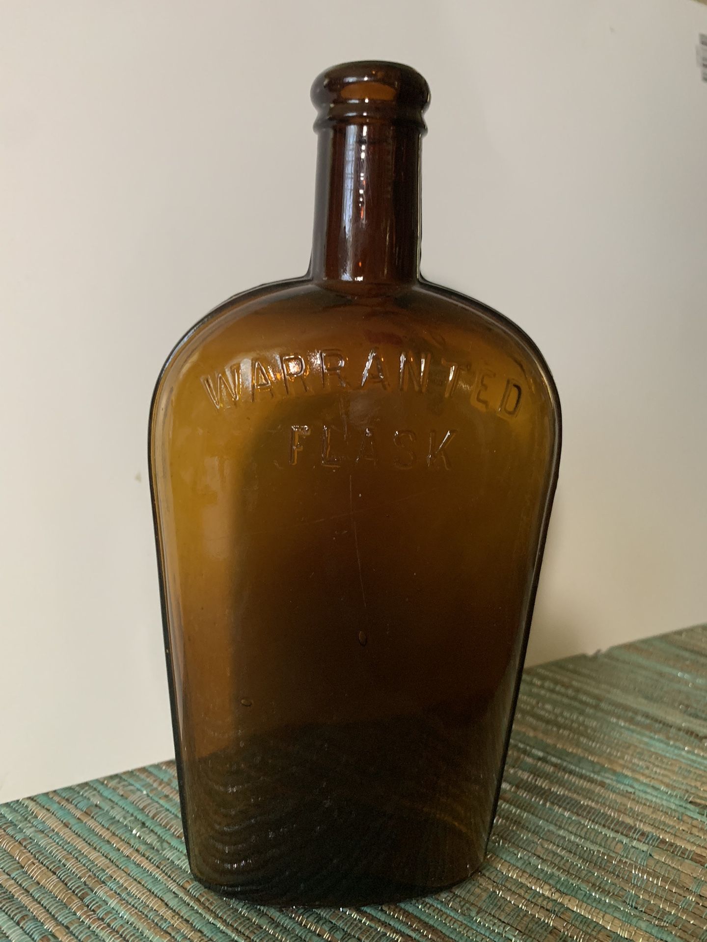 Vintage Embossed Warranted Flask Amber Bottle!