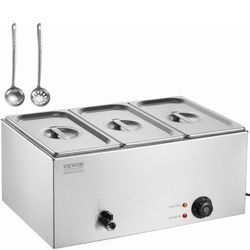 VEVOR 3-Pan Commercial Food Warmer, 24QT Electric Steam Table, 1200W Professional Countertop Stainle