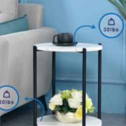 Round Side/Nightstand Table With The Faux Marble Top And Sturdy Matte Black Metal Base H21.5” And 15.5” In Diameter 