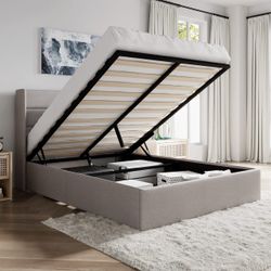 SHA CERLIN Full Size Lift Up Hydraulic Storage Bed Frame Light Beige