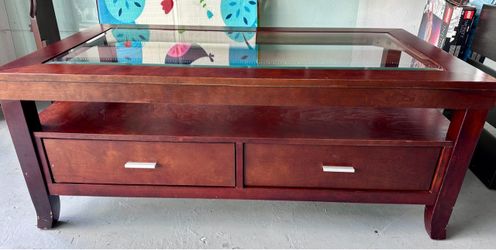 Wood and Glass Top Coffee Table with Drawers