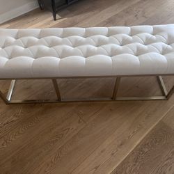 Tufted beige long bench with metal base