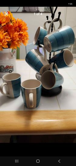 Set of 8 Blue Coffee Mugs with Stand