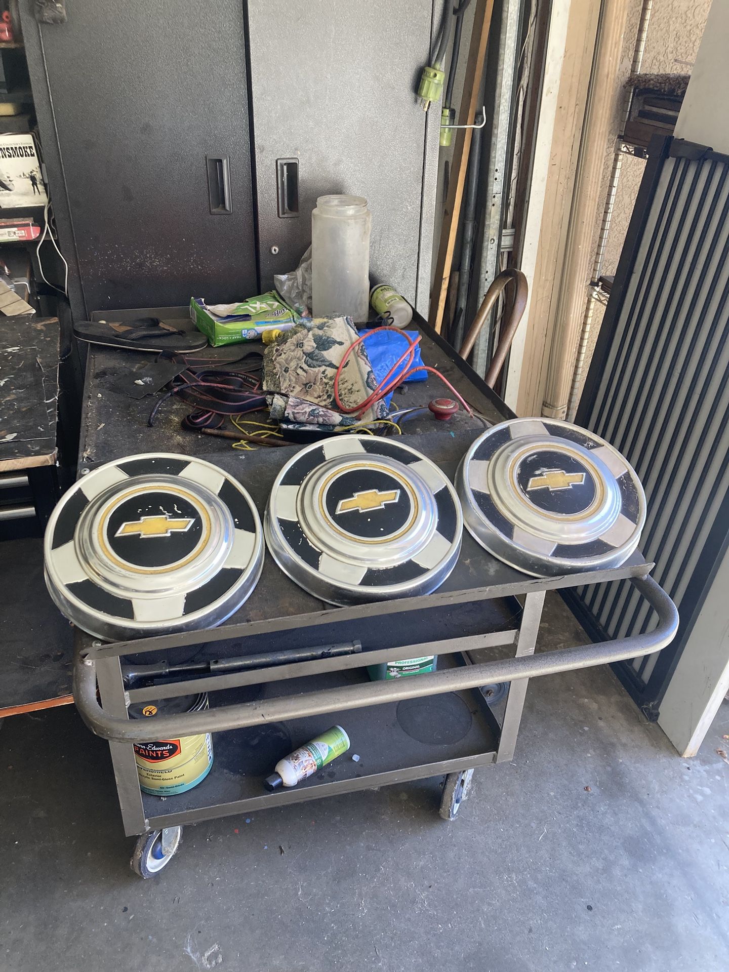 Three Chevy Pick Up Dog Dish Hubcaps.