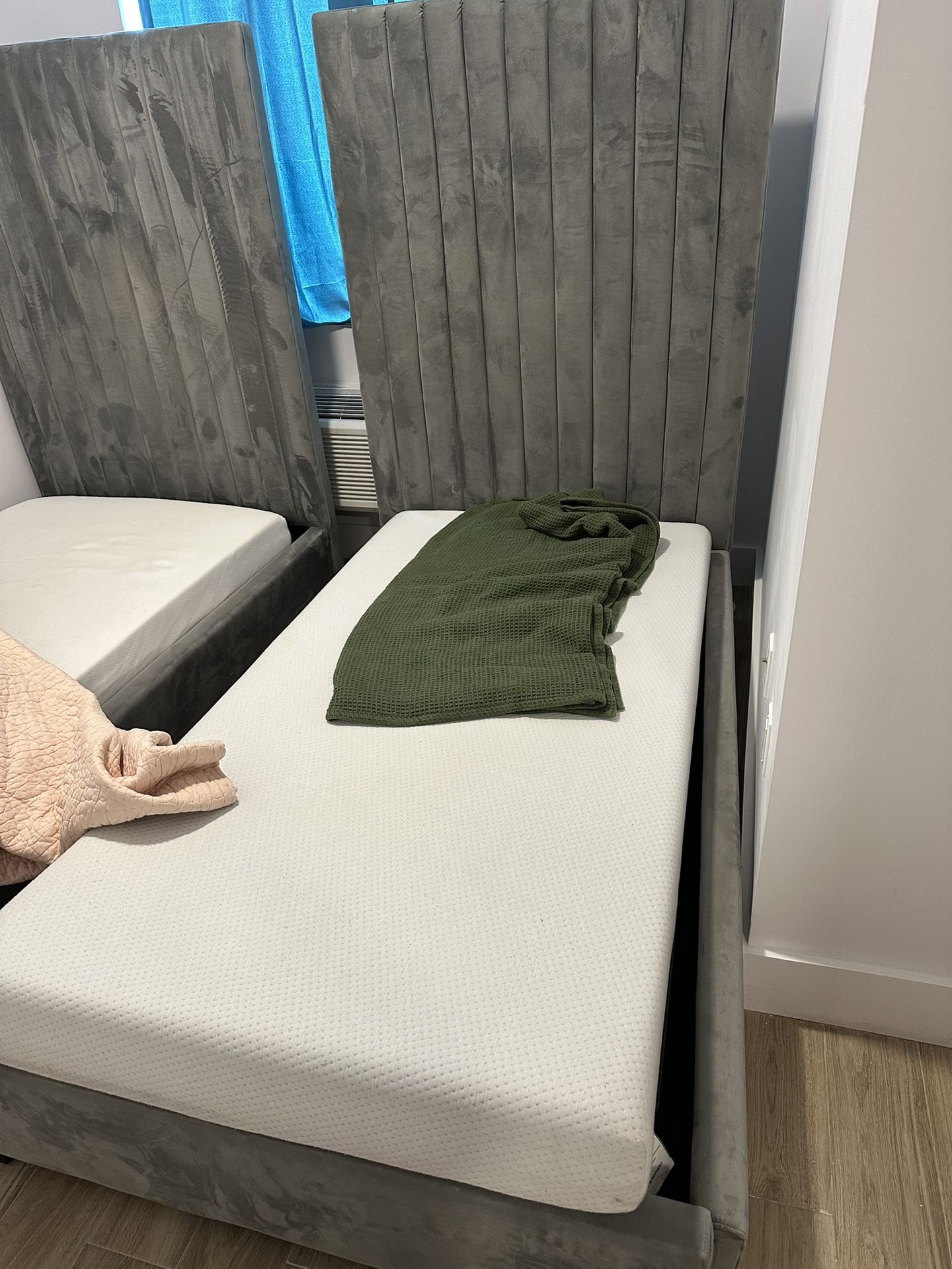 Twin Size Tall Headboard Velvet Gray Bed Frame