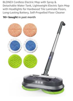 BLONEX Cordless Electric Mop with Spray & Detachable Water Tank, Lightweight Electric Spin Mop with Headlights for Hardwood Tile Laminate Floors, Long