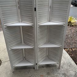 New  4 wooden white Panel Room Divider Screen Foldable W/3 Utility Shelves 5.6' Tall White