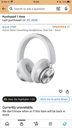 ZTOZ Active Noise Cancelling Over Ear Headphones - Silver