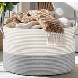 Extra Large Basket for Blankets - 21.7"D X 13.8"H Rope Laundry Basket Toy Baskets Storage Kids, Throw Blanket Baskets, Grey 